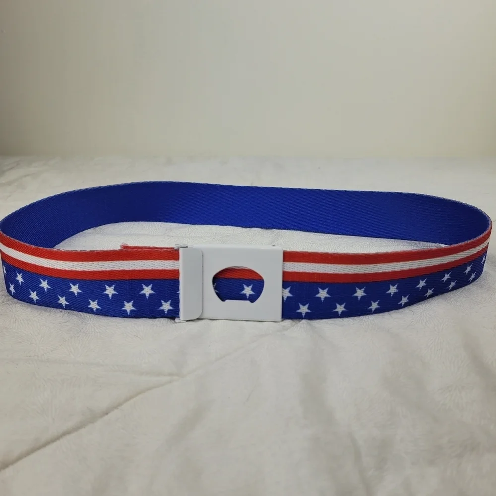 Red white blue patriotic stripes stars USA canvas belt unisex white buckle M/L